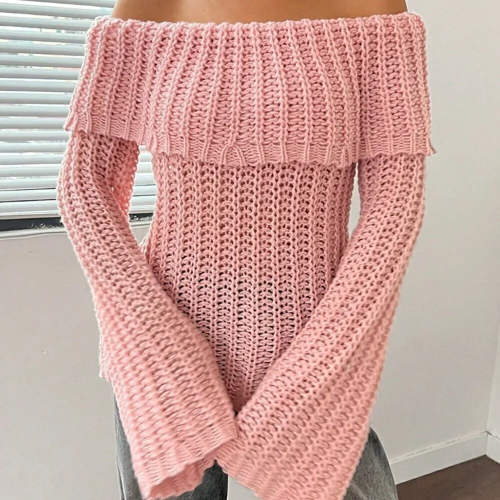 Pink Casual Women's Off-Shoulder Long Sleeve Sweater